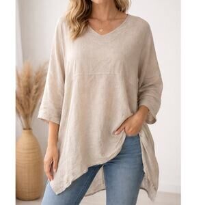 Match Point Linen Tunic Top Womens Medium Beige Natural Relaxed Fit Langenlook